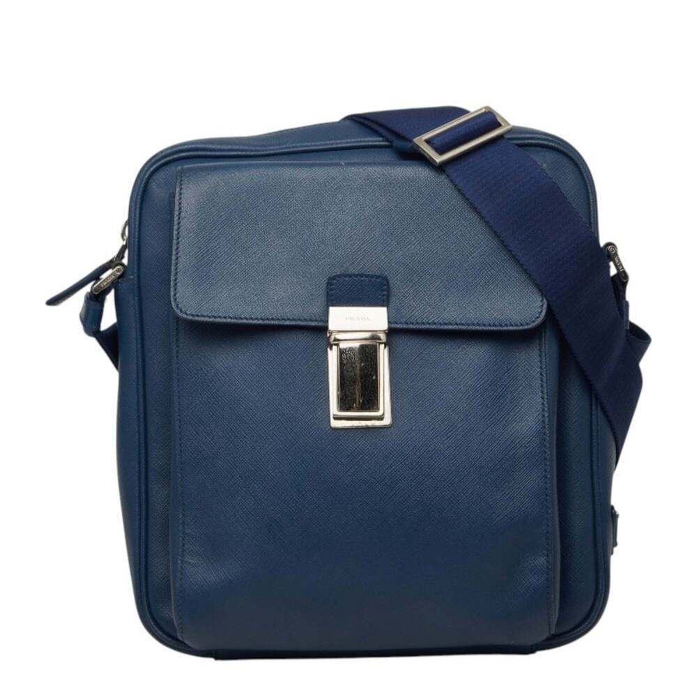 PRADA Blue Leather Saffiano Shoulder Bag